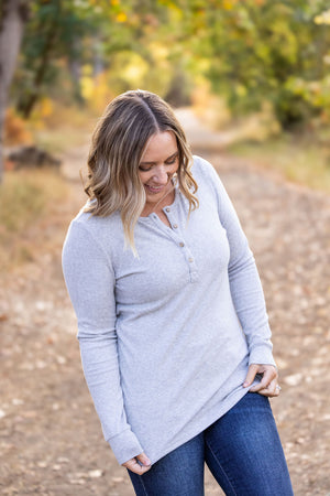 Brielle Henley Ribbed Long Sleeve - Light Grey