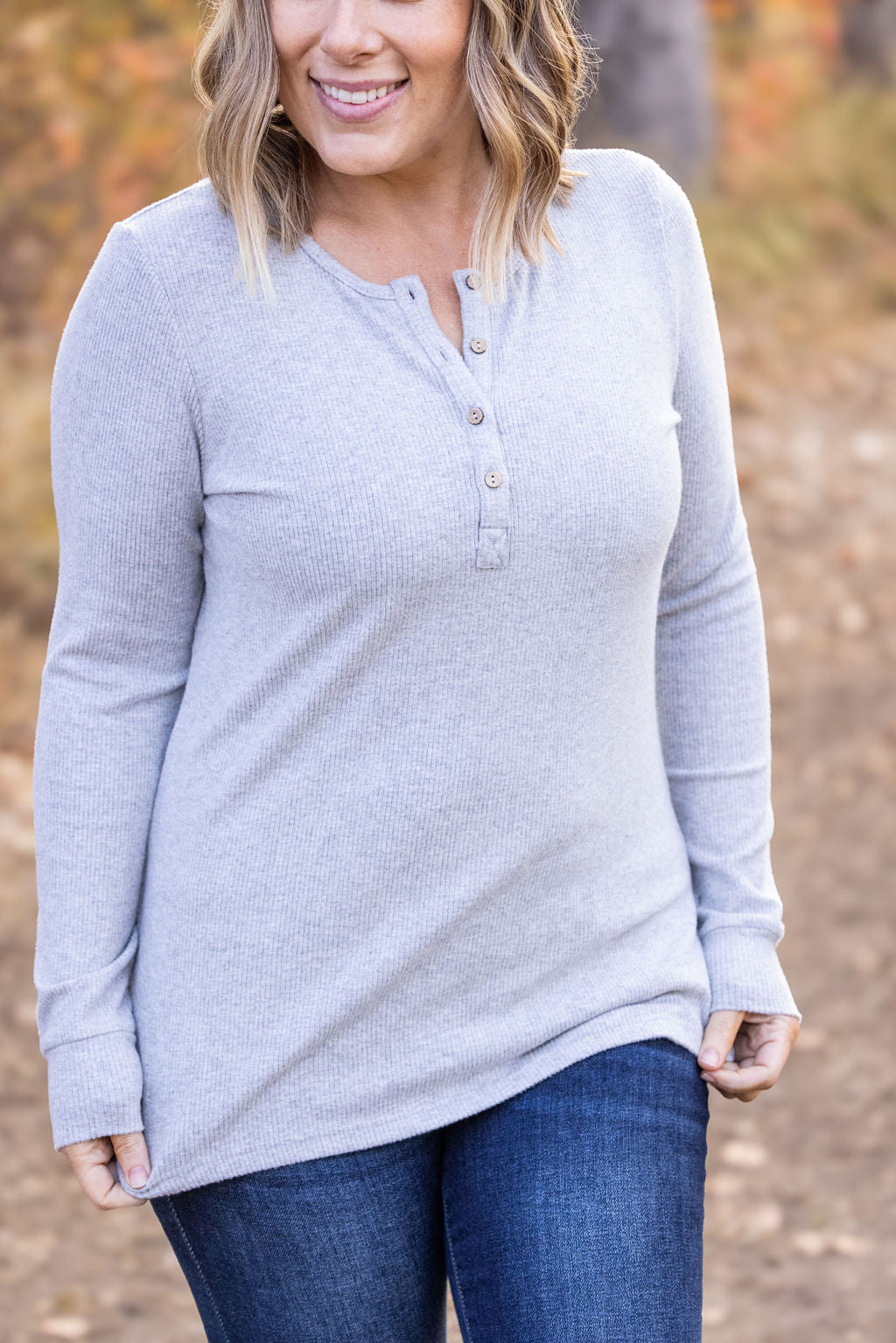 Brielle Henley Ribbed Long Sleeve - Light Grey