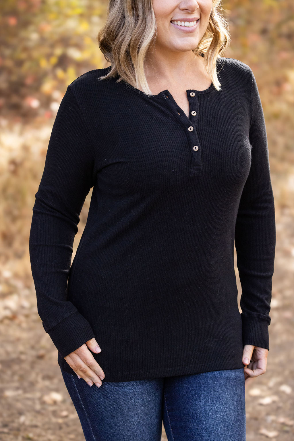 Brielle Henley Ribbed Long Sleeve - Black