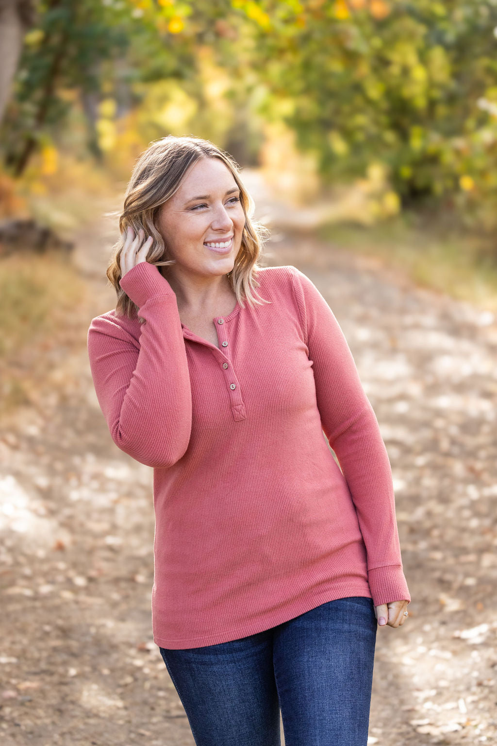 Brielle Henley Ribbed Long Sleeve - Terra Cotta