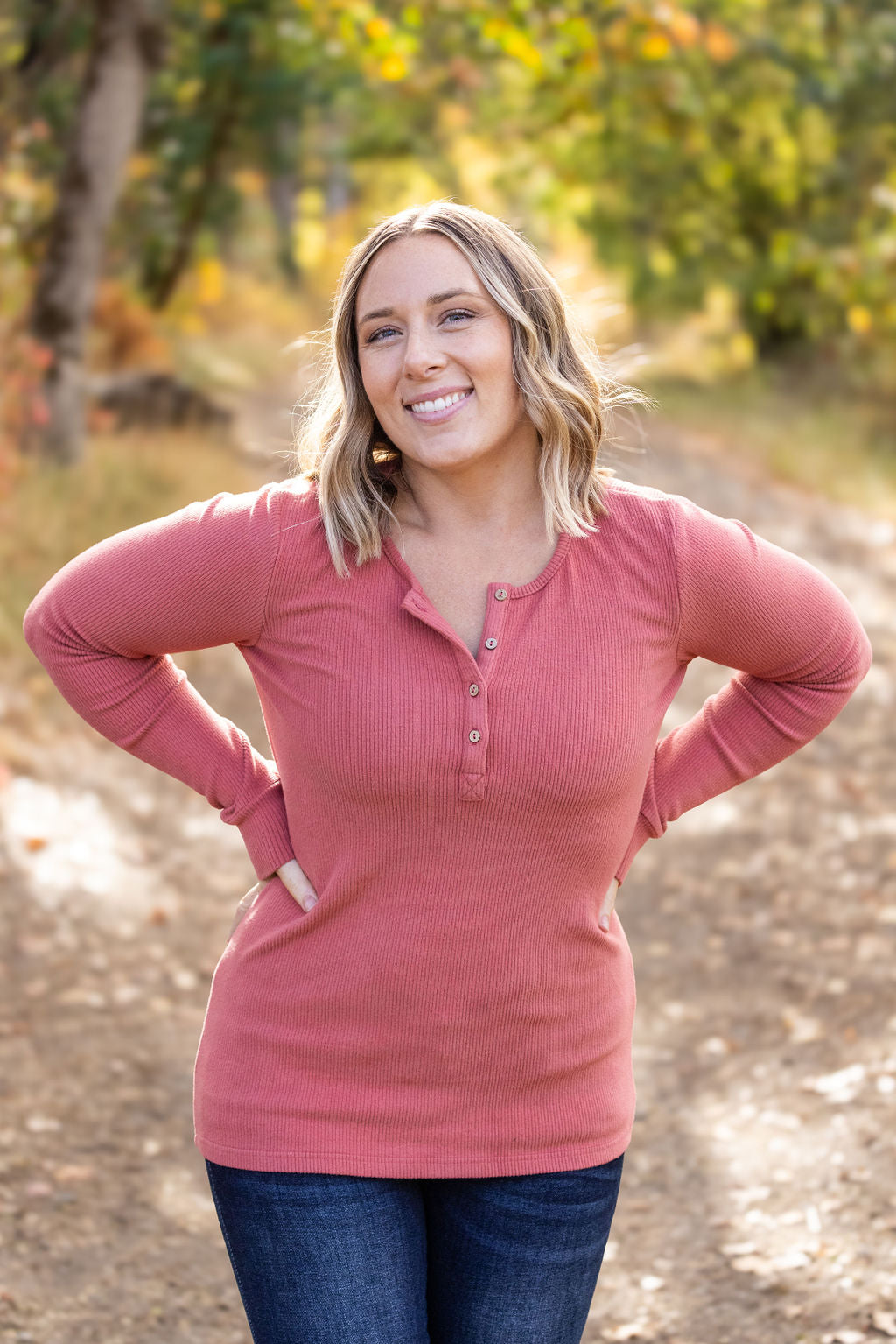 Brielle Henley Ribbed Long Sleeve - Terra Cotta