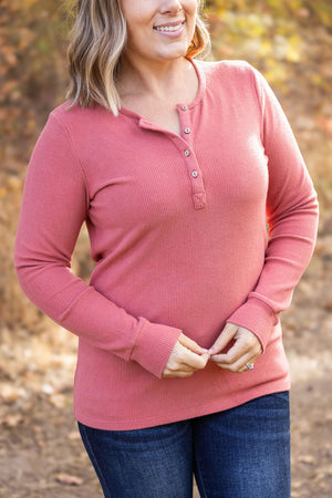 Brielle Henley Ribbed Long Sleeve - Terra Cotta