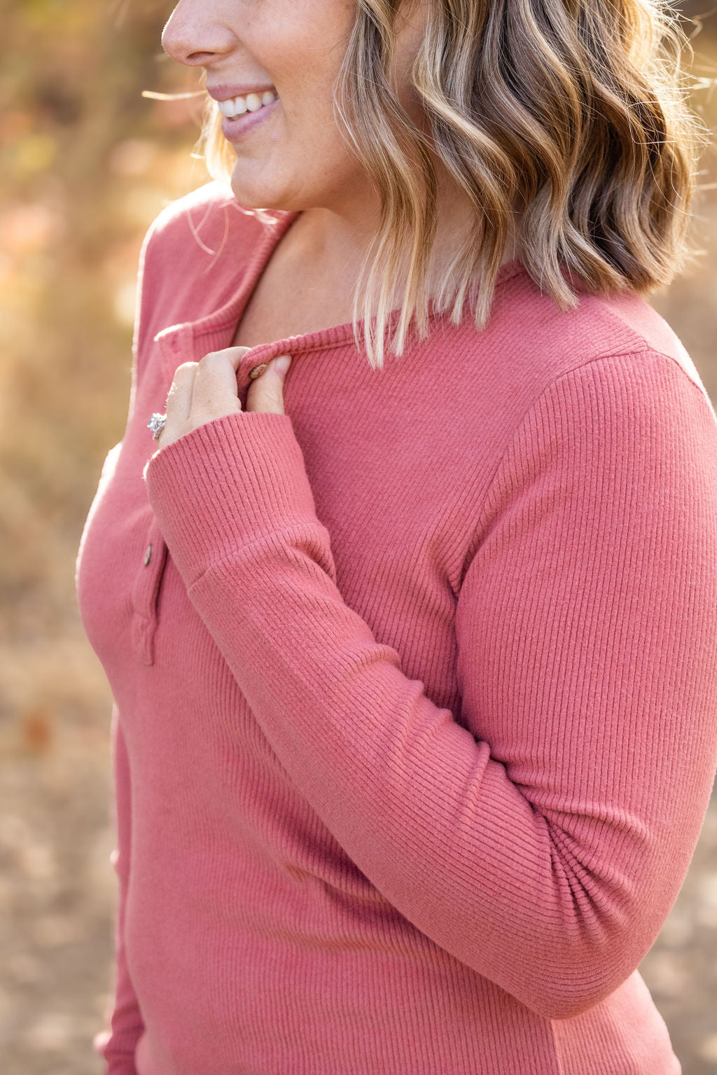 Brielle Henley Ribbed Long Sleeve - Terra Cotta