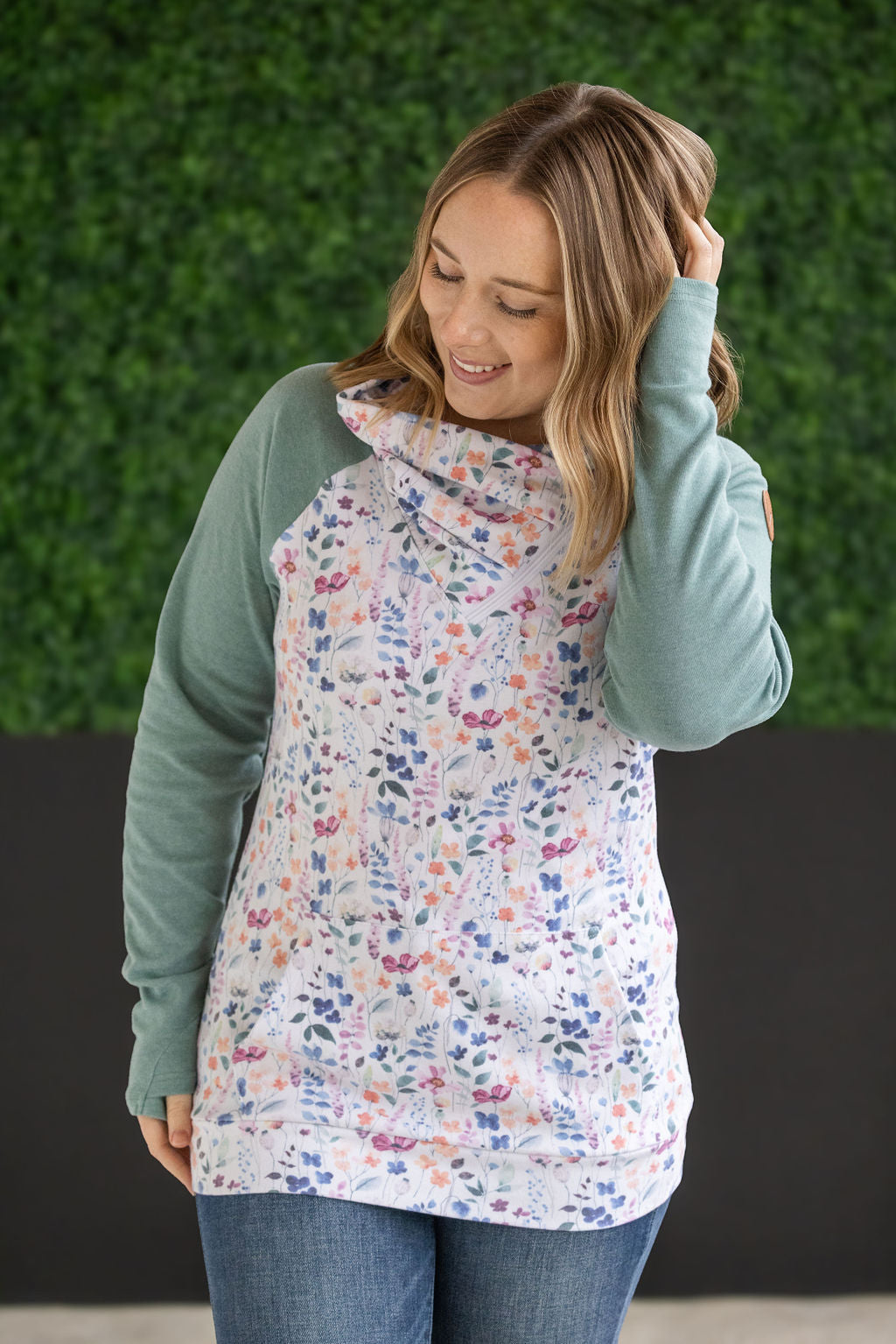 Zoey ZipCowl Sweatshirt - Sage and Floral Paradise