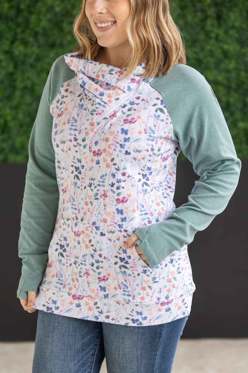 Zoey ZipCowl Sweatshirt - Sage and Floral Paradise