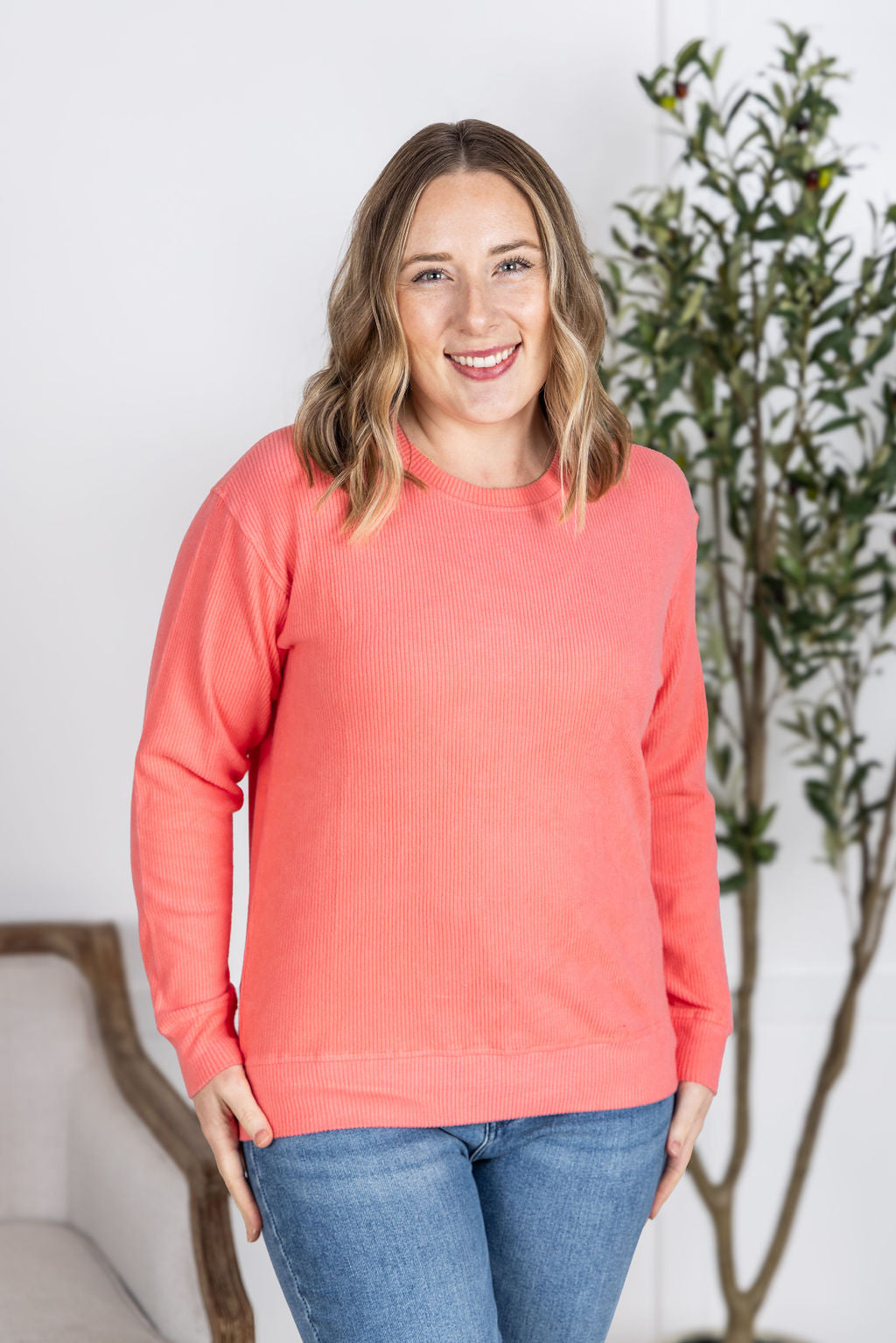 Corrine Ribbed Pullover Top - Coral