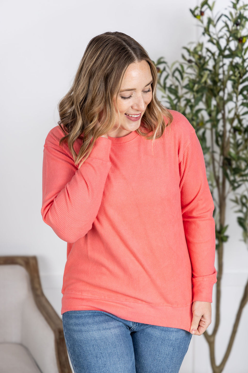 Corrine Ribbed Pullover Top - Coral