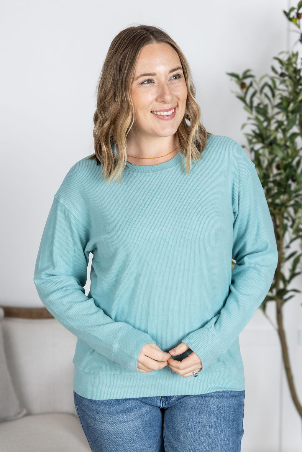 Corrine Ribbed Pullover Top - Dusty Blue