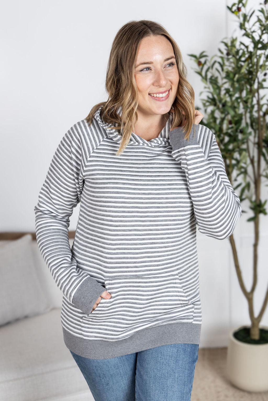 Tatum Textured Pullover Hoodie - Charcoal Stripes