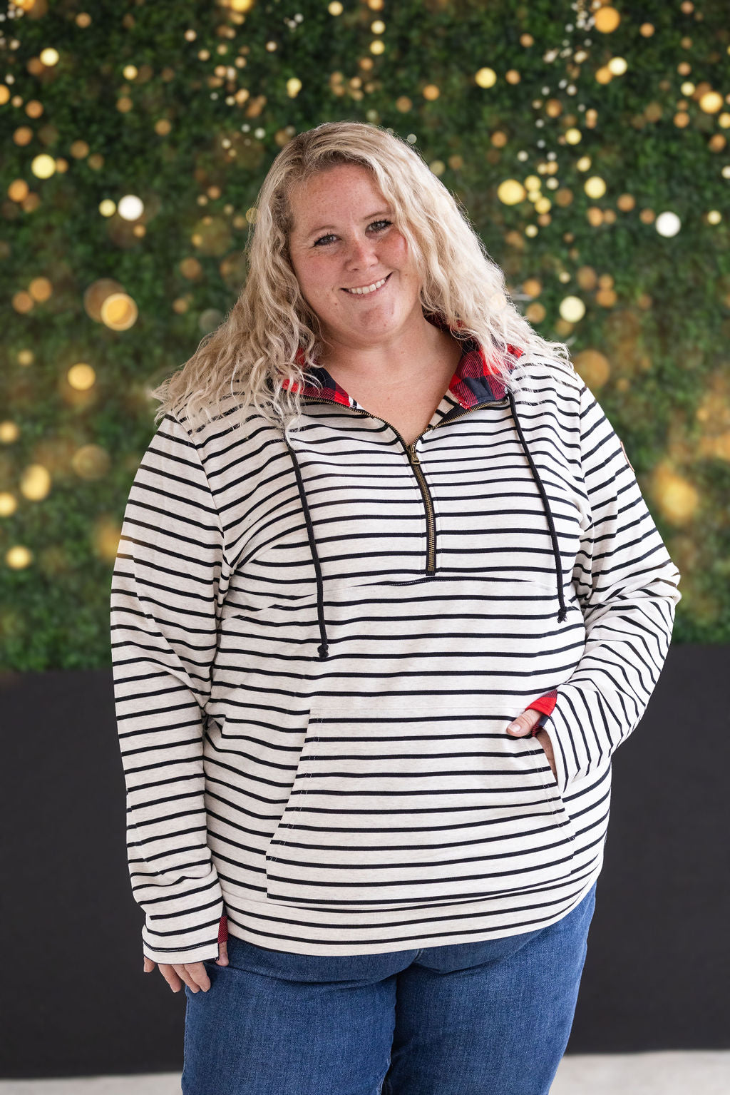 HalfZip Hoodie - Oatmeal Stripes and Buffalo Plaid