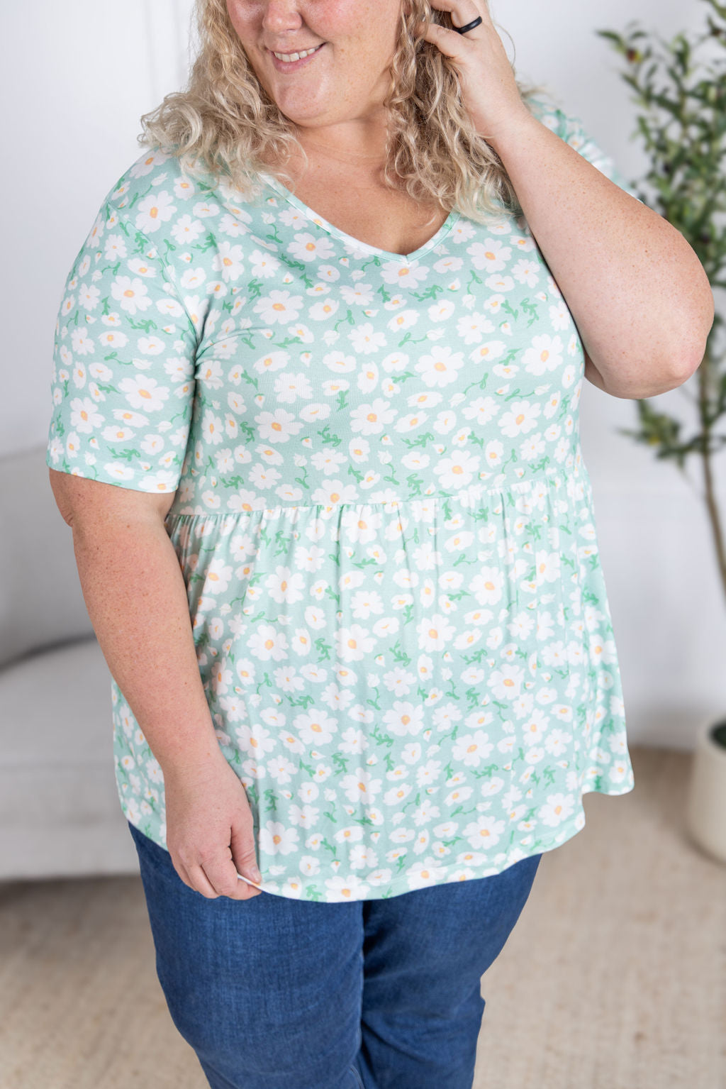 Sarah Ruffle Short Sleeve - Green Floral