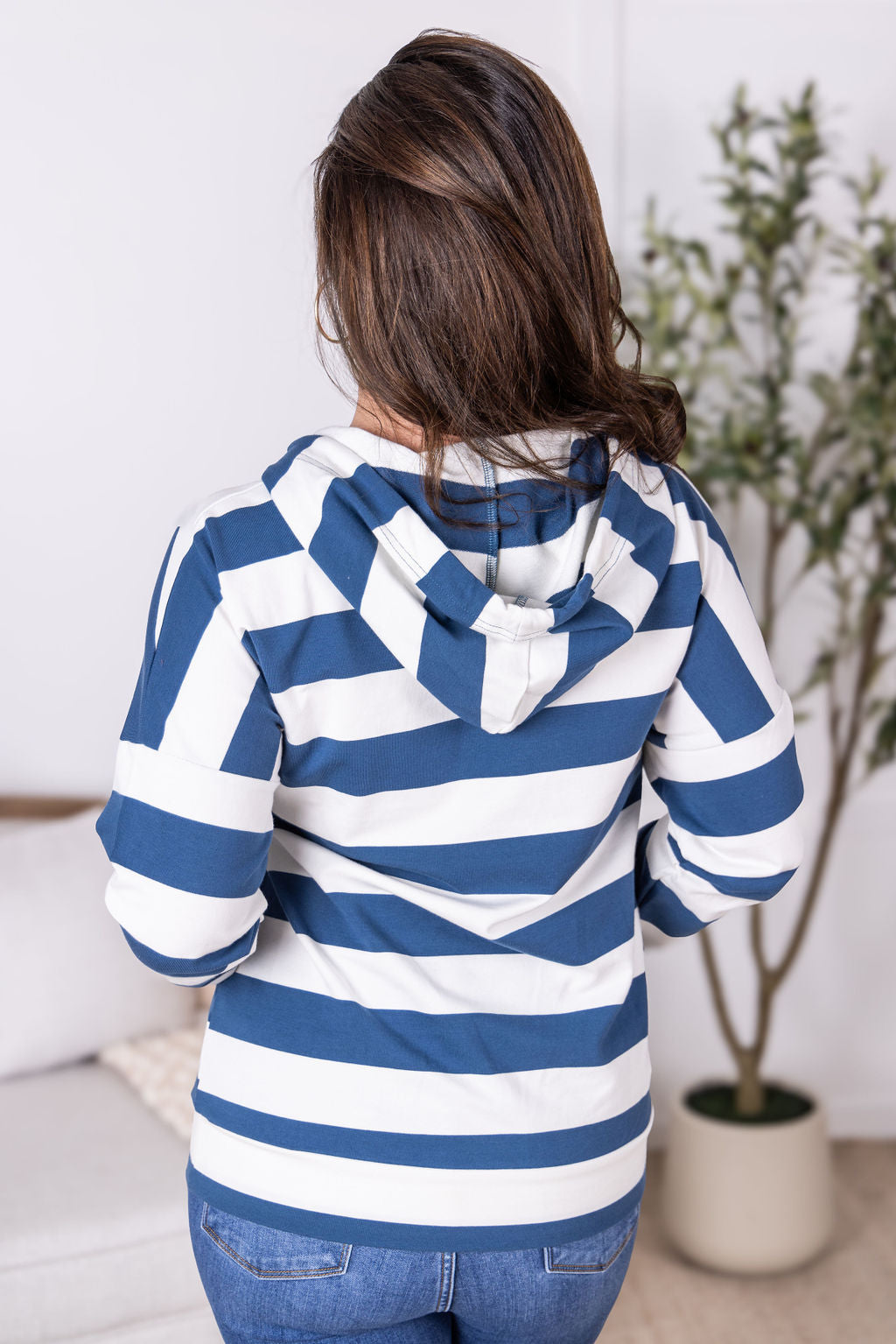 Rylie Striped Lightweight Hoodie - Navy and White