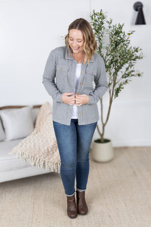 Waffle Knit Button Top - Grey