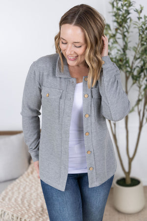 Waffle Knit Button Top - Grey