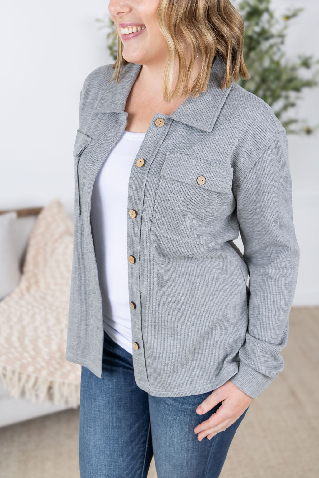 Waffle Knit Button Top - Grey