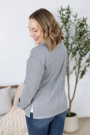Waffle Knit Button Top - Grey