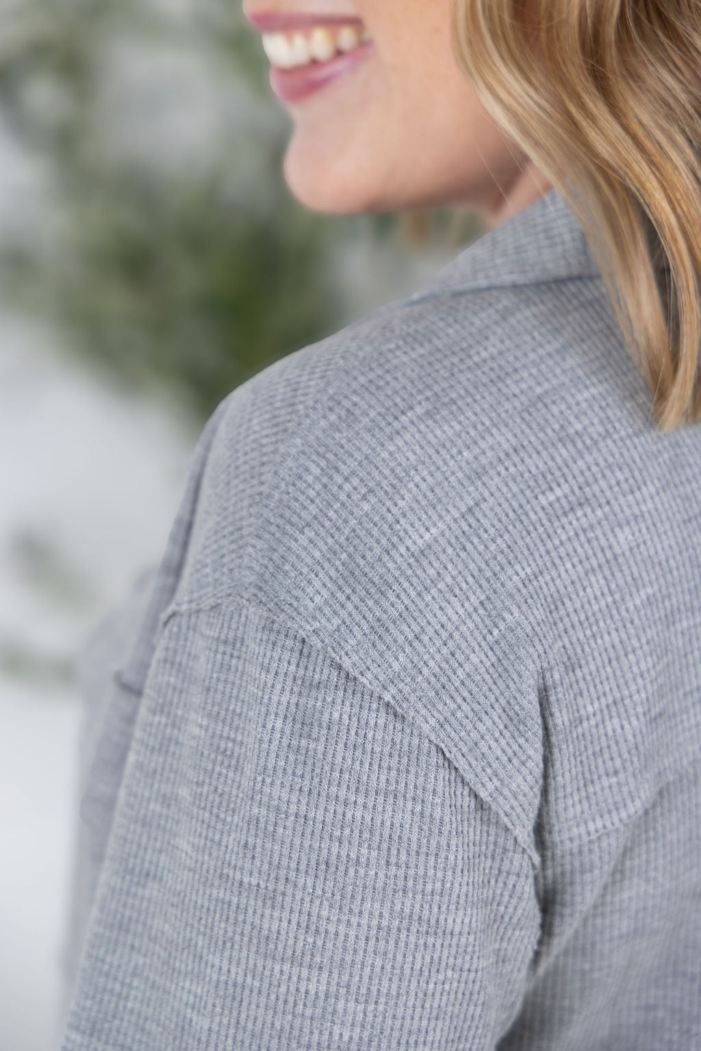 Waffle Knit Button Top - Grey