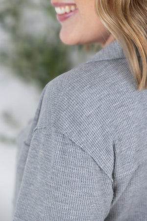 Waffle Knit Button Top - Grey