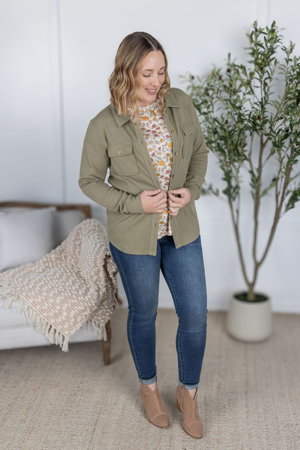 Thermal Knit Button Top - Light Olive