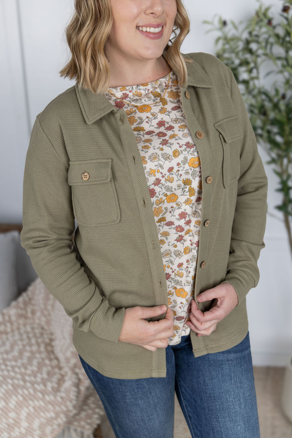 Thermal Knit Button Top - Light Olive