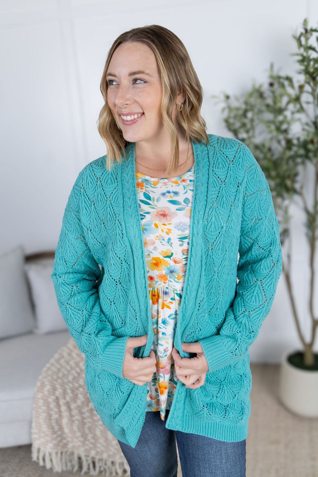 Open Knit Cardigan - Dusty Aqua