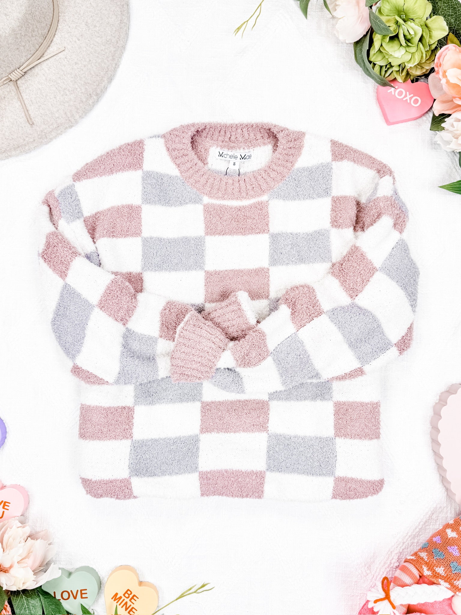 Checkered Sweater - Grey and Pink