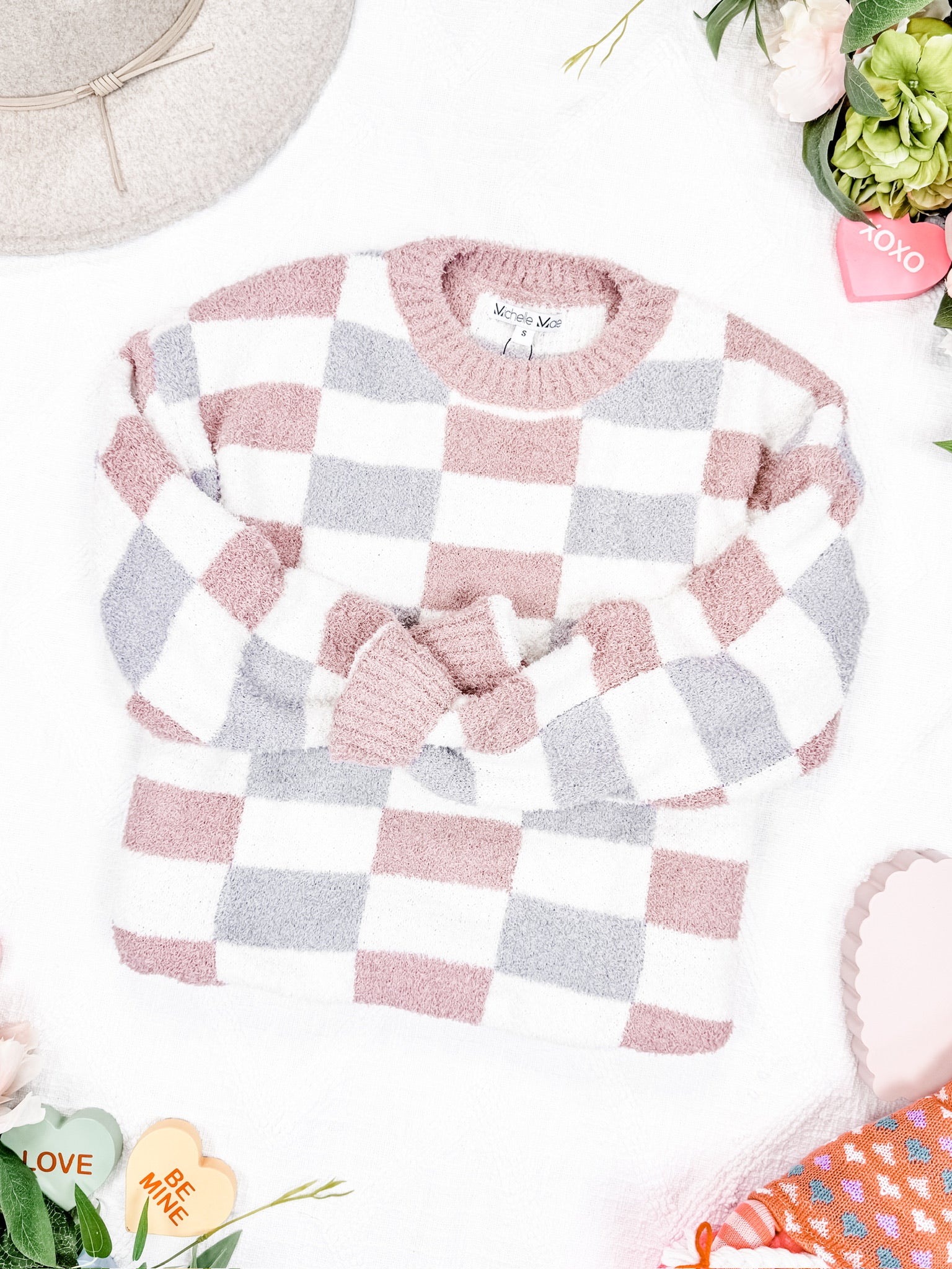 Checkered Sweater - Grey and Pink