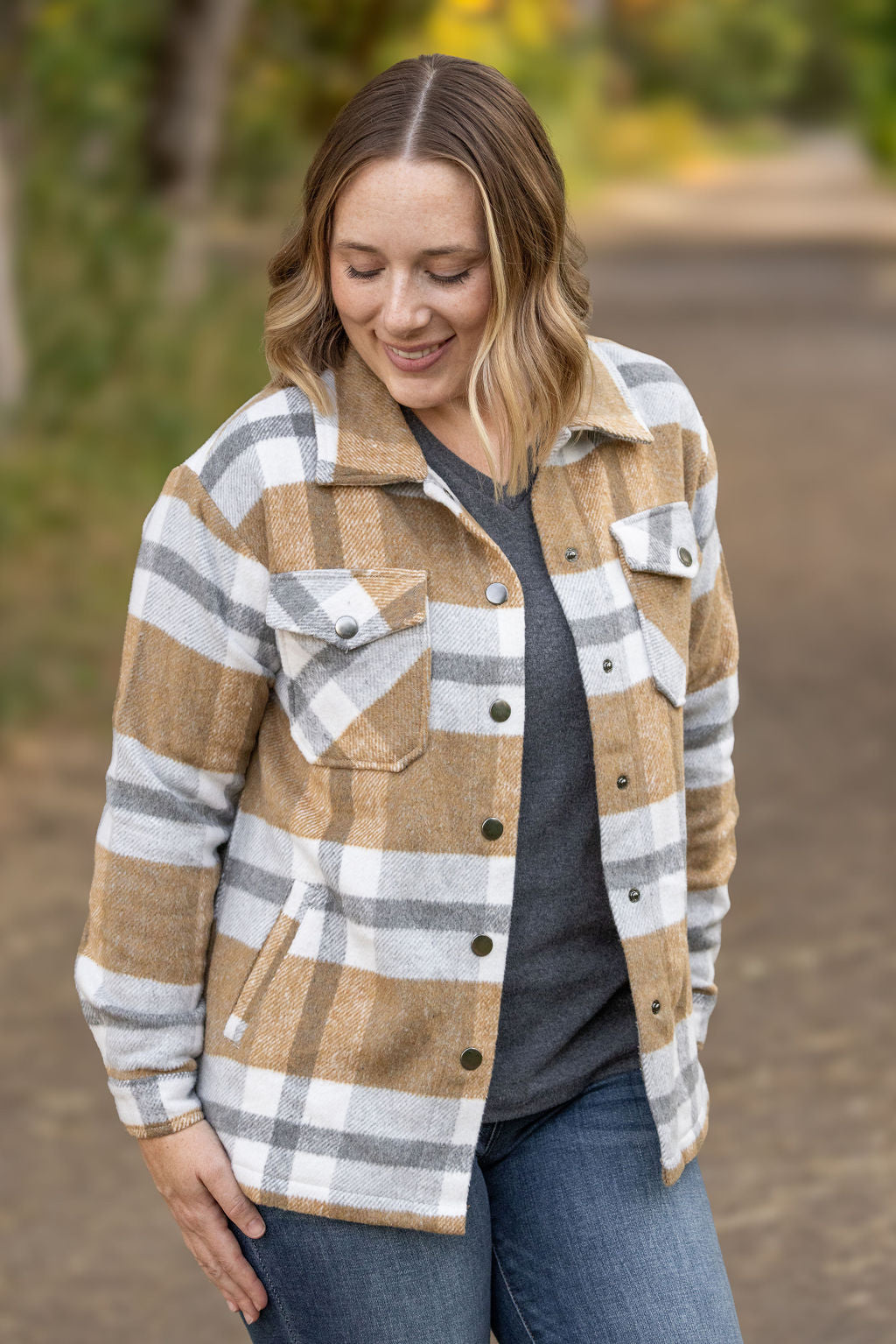 IN STOCK Norah Plaid Shacket - Camel and Grey