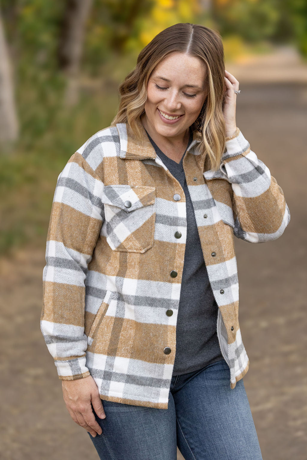 IN STOCK Norah Plaid Shacket - Camel and Grey