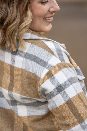 IN STOCK Norah Plaid Shacket - Camel and Grey