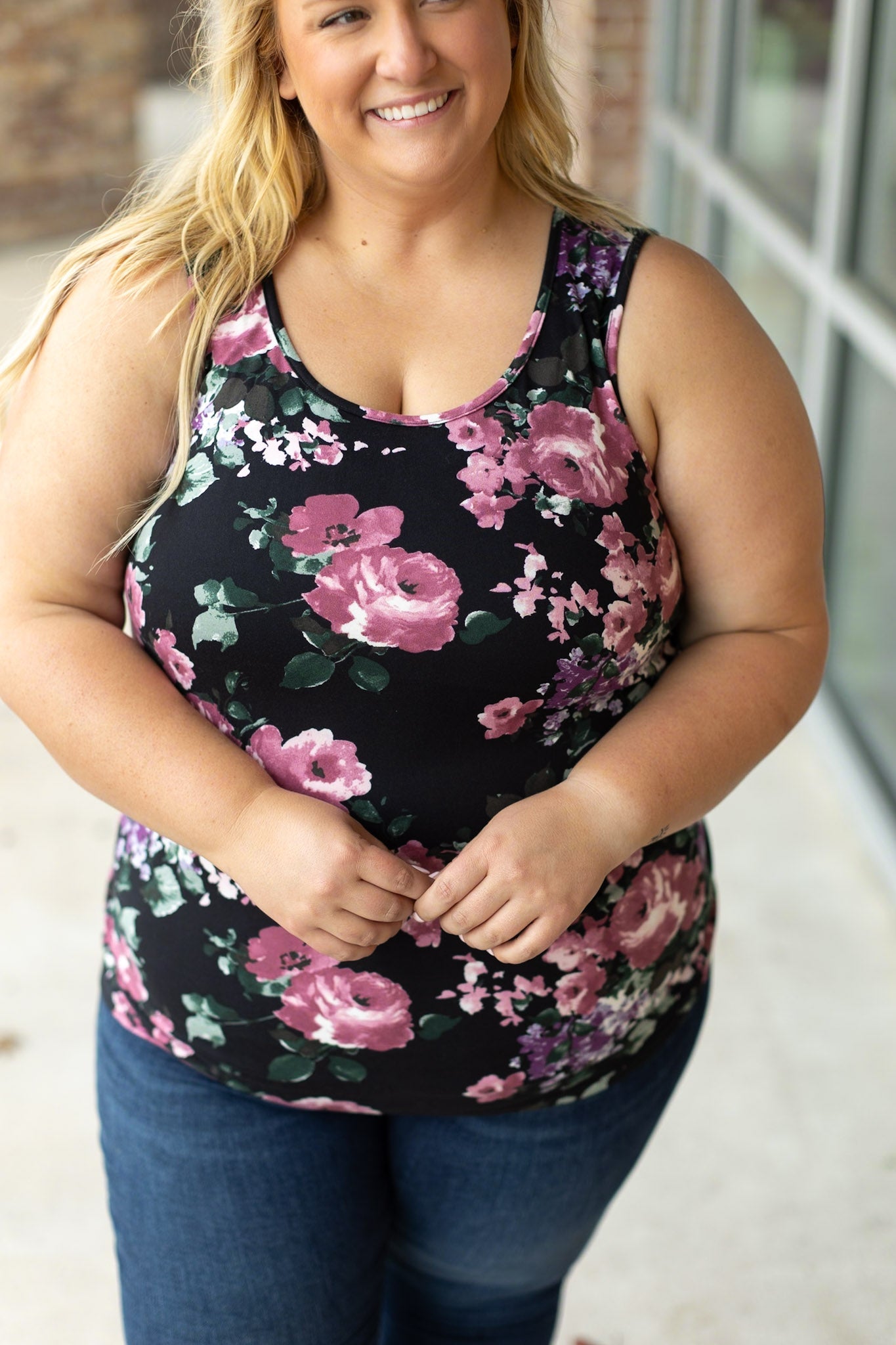 Luxe Crew Tank - Black and Mauve Floral