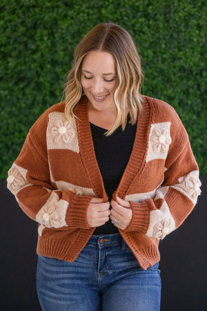 Floral Checker Cardigan - Rust