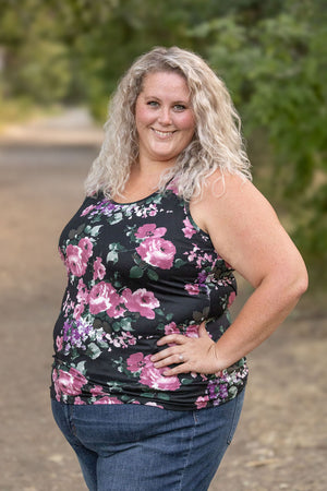 Luxe Crew Tank - Black and Mauve Floral