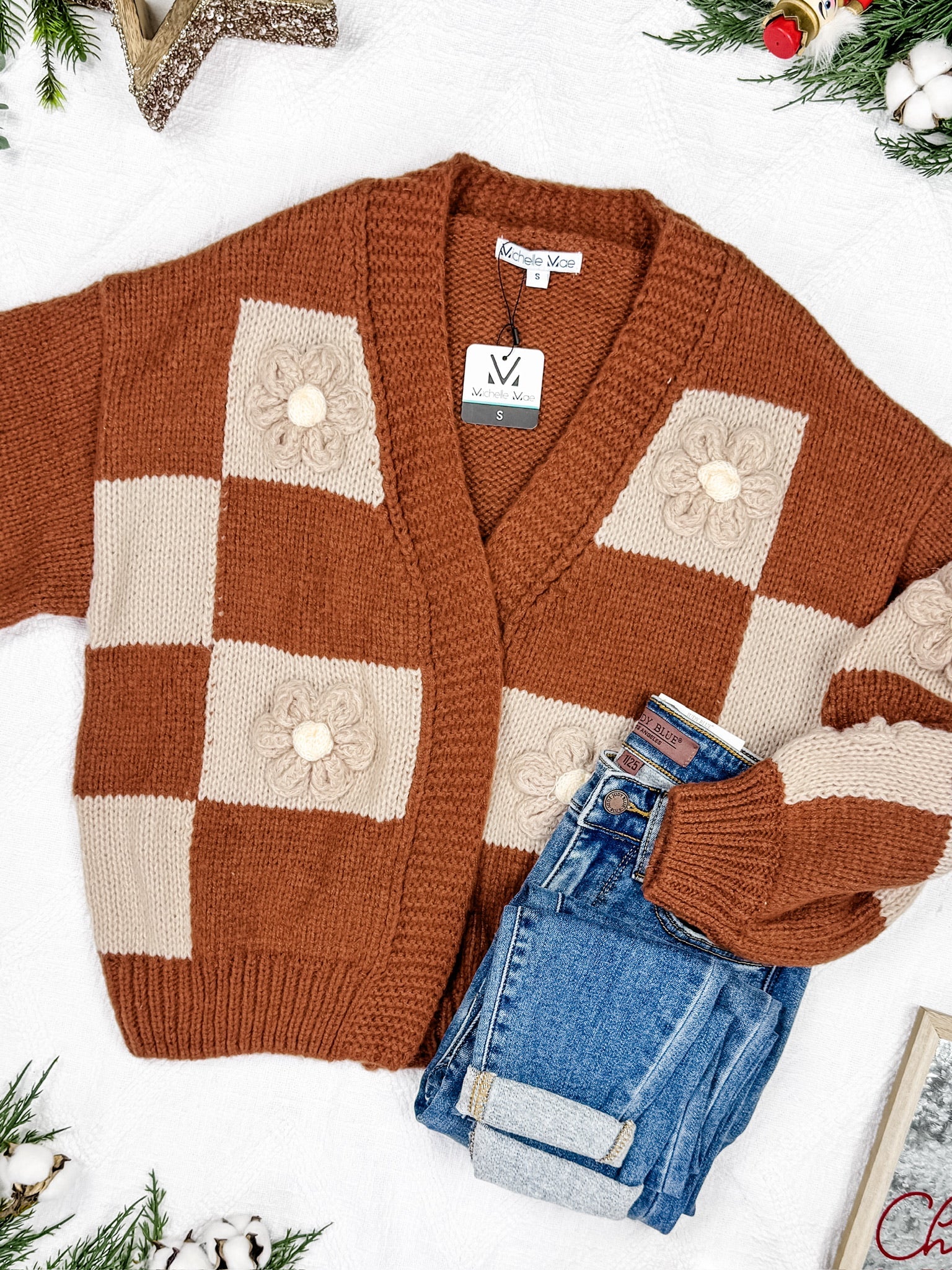 Floral Checker Cardigan - Rust