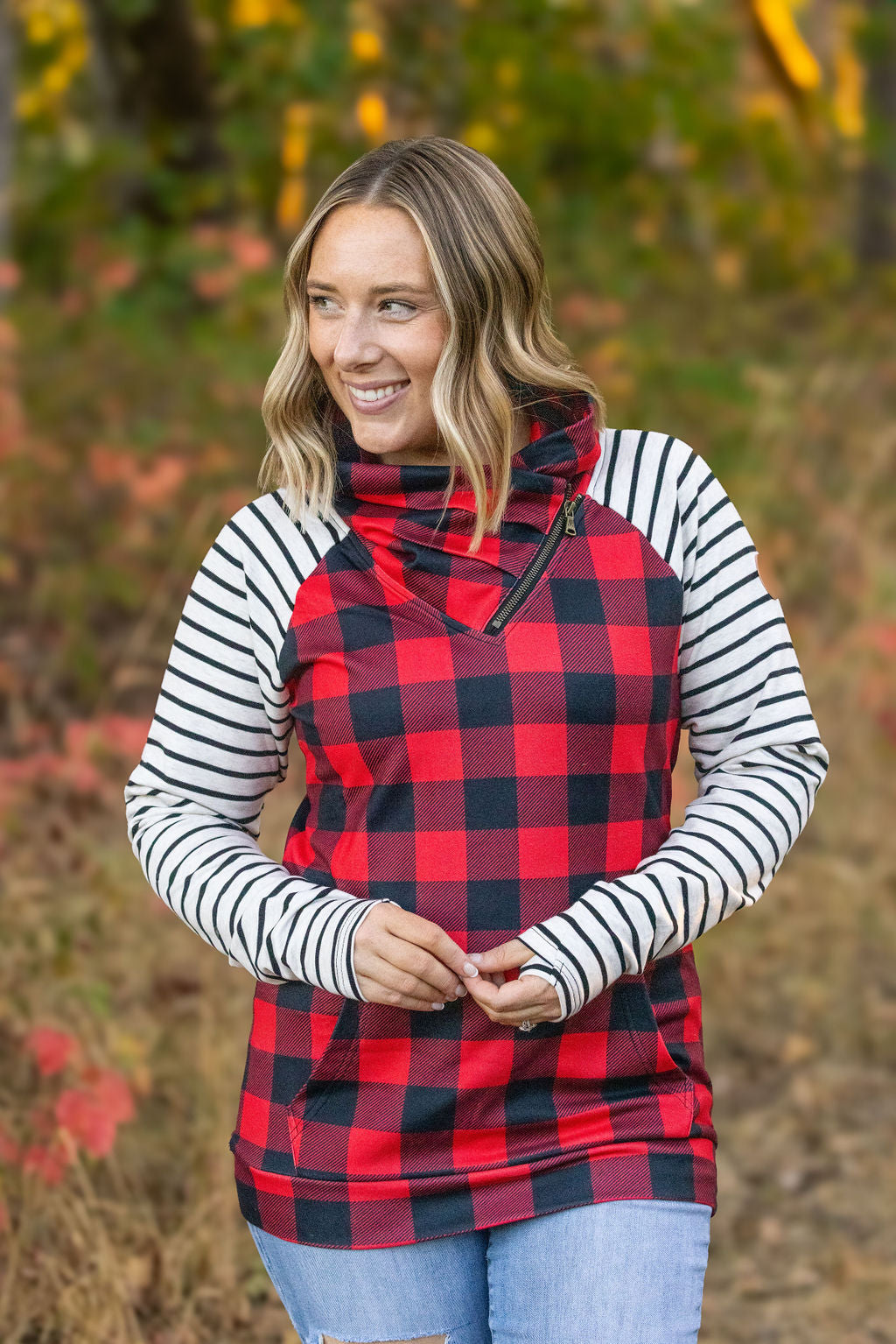 Zoey ZipCowl - Buffalo Plaid and Oatmeal Stripes