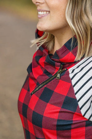 Zoey ZipCowl - Buffalo Plaid and Oatmeal Stripes