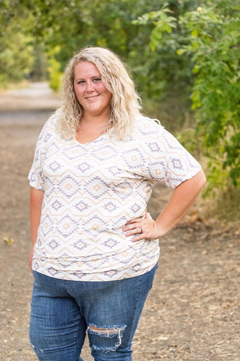 Chloe Cozy Tee - Purple and White Geometric