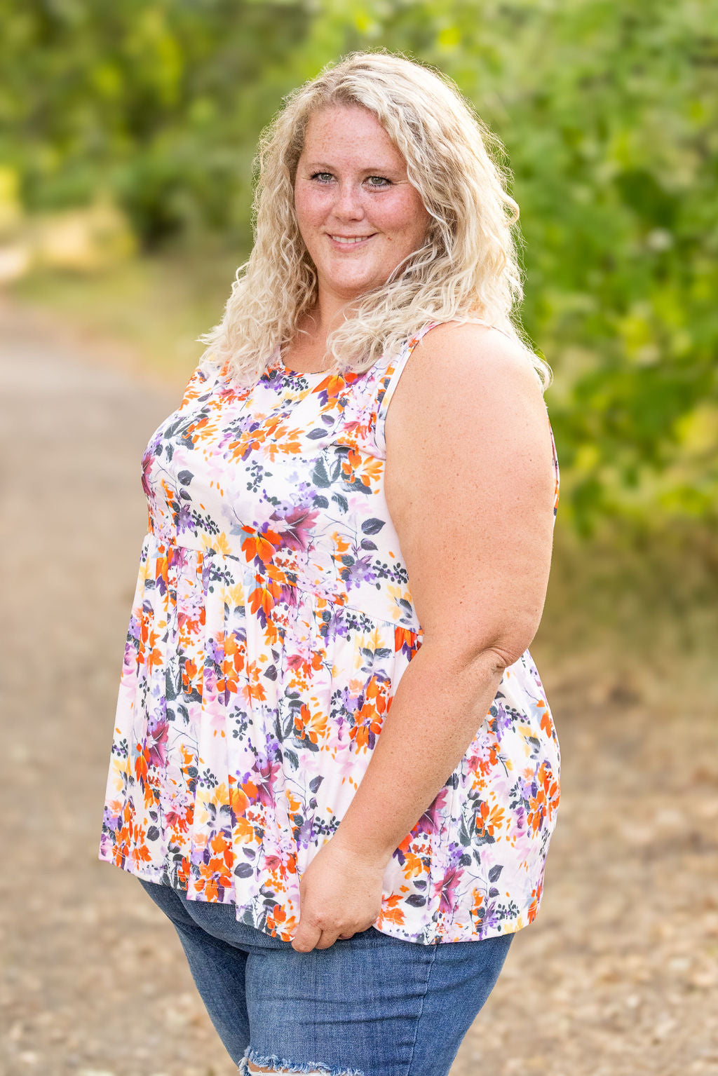 Renee Ruffle Tank - Fall Floral Leaves