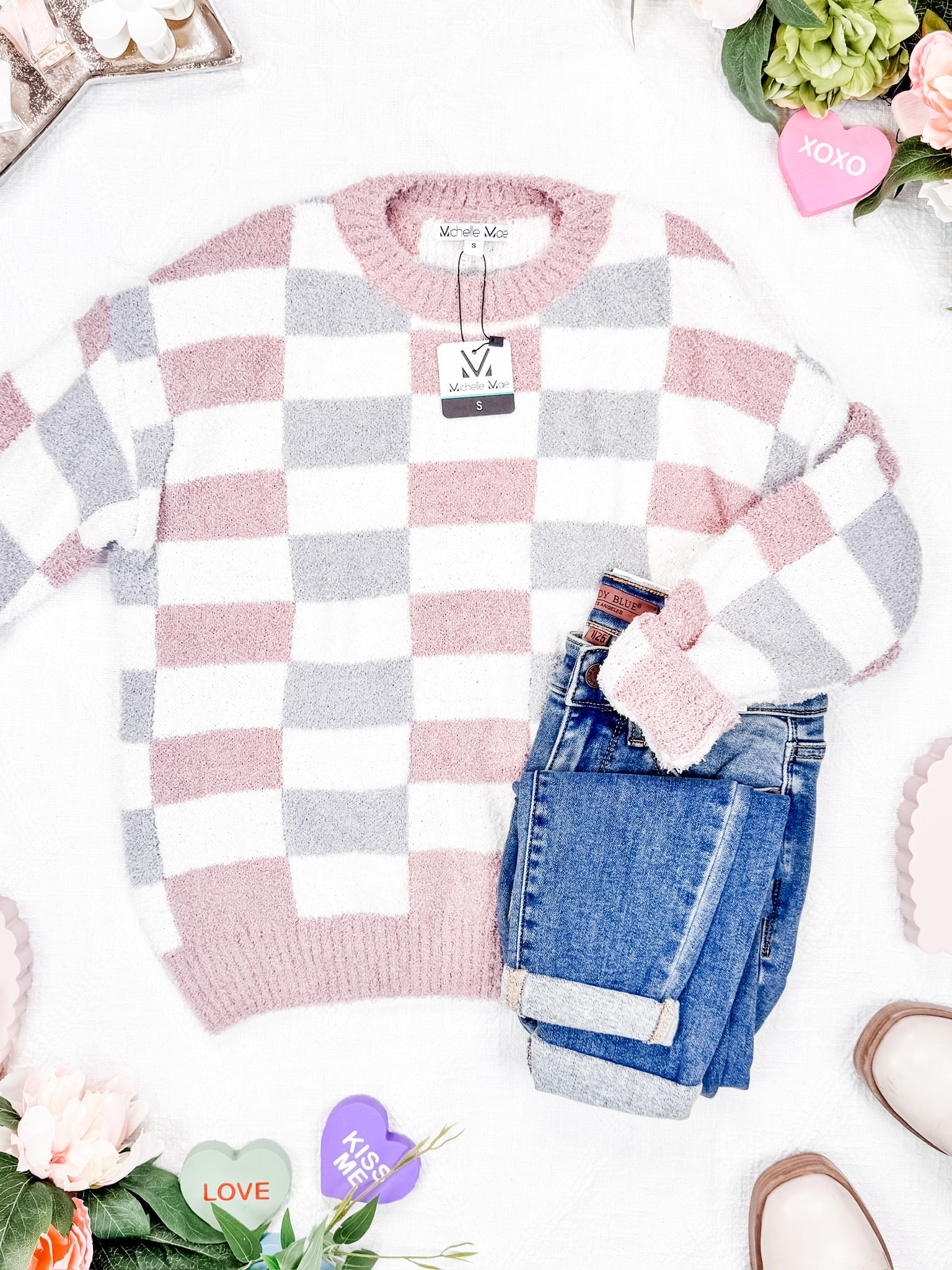 Checkered Sweater - Grey and Pink