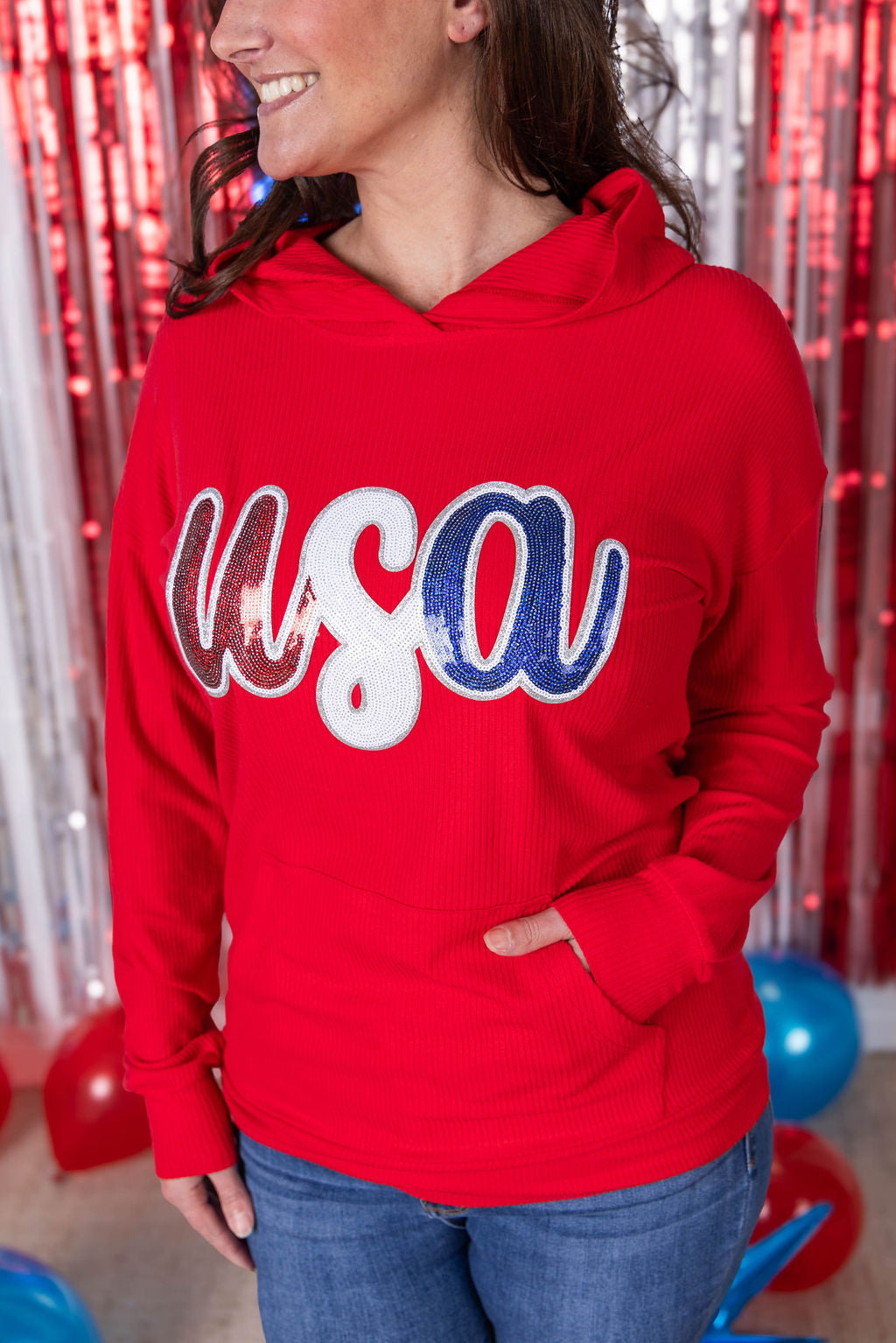 Corrine Hoodie - Red USA Sequin