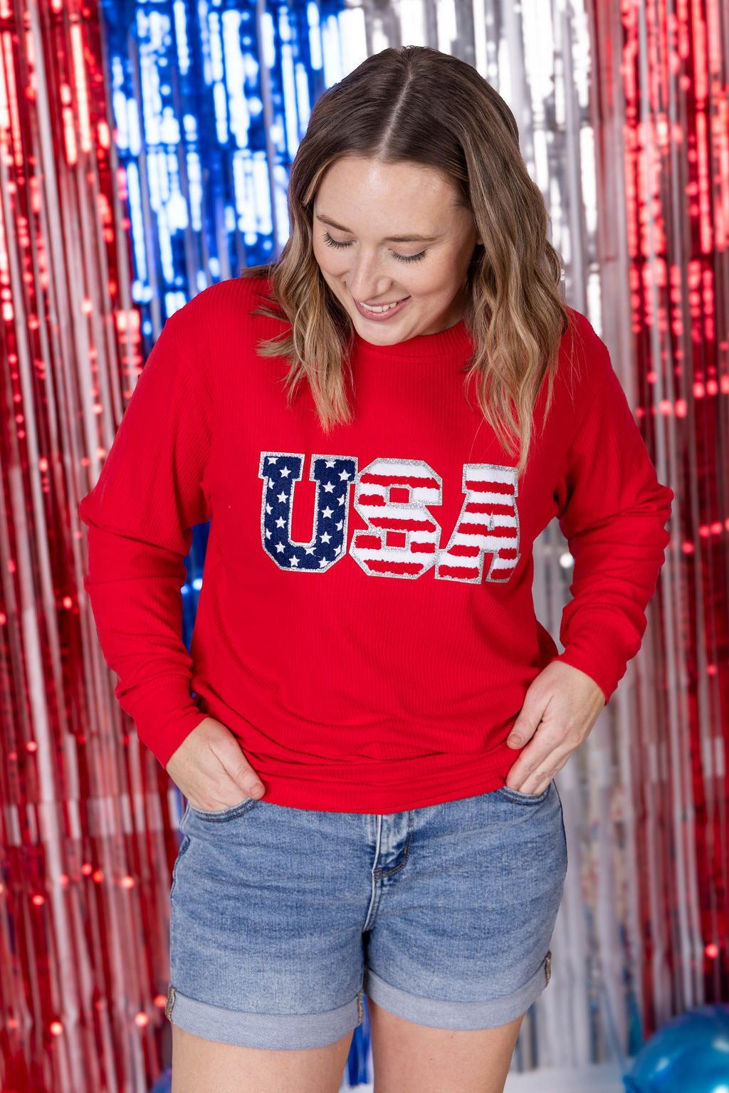 Corrine Pullover Top - Red USA Flag