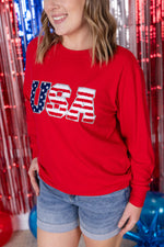 Corrine Pullover Top - Red USA Flag