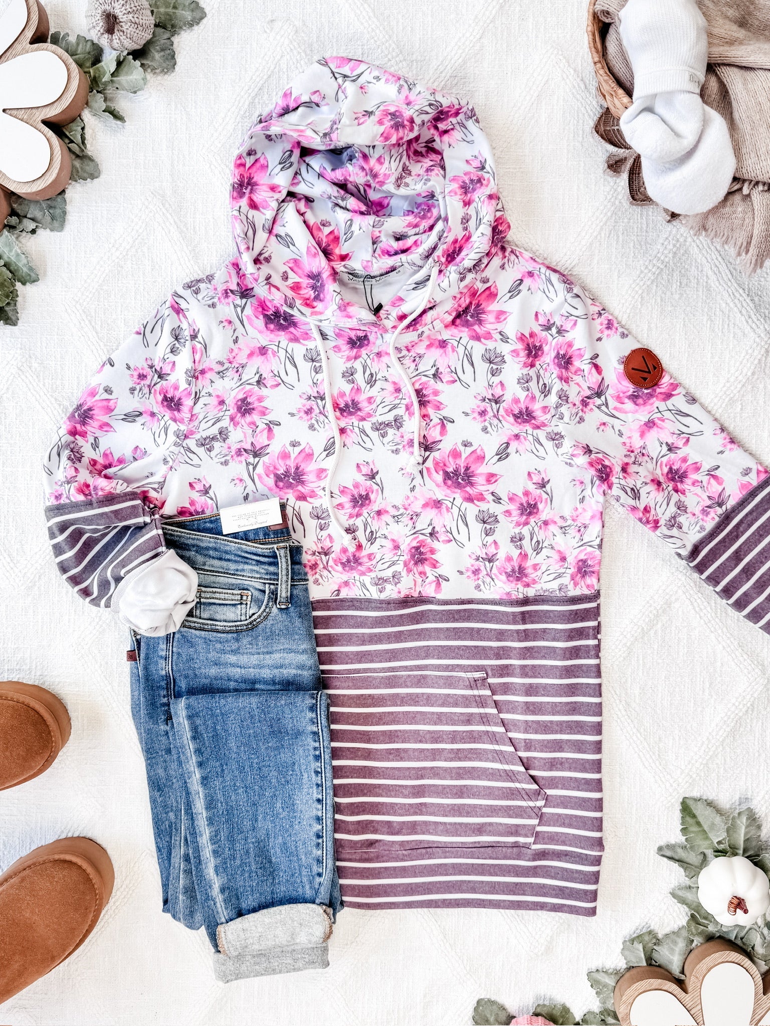 Hailey Pullover Hoodie - Pink Floral and Stripes