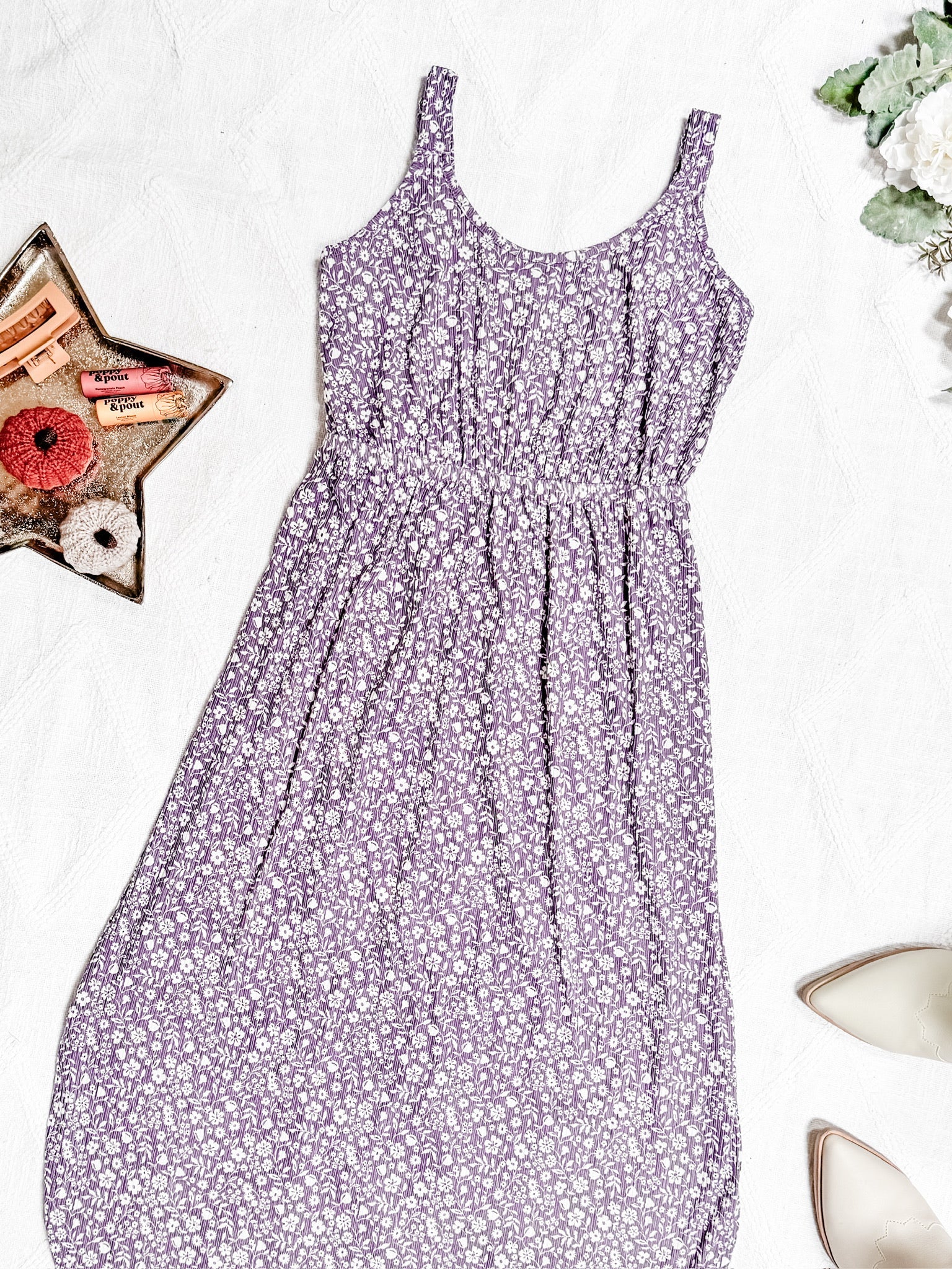 Reagan Ribbed Midi Dress - Lavender Floral