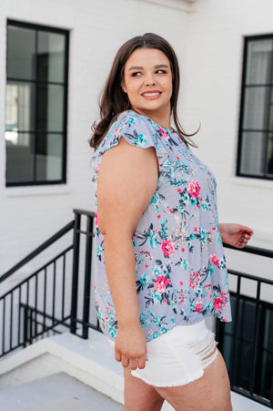 Lizzy Flutter Sleeve Top in Grey and Mint Floral