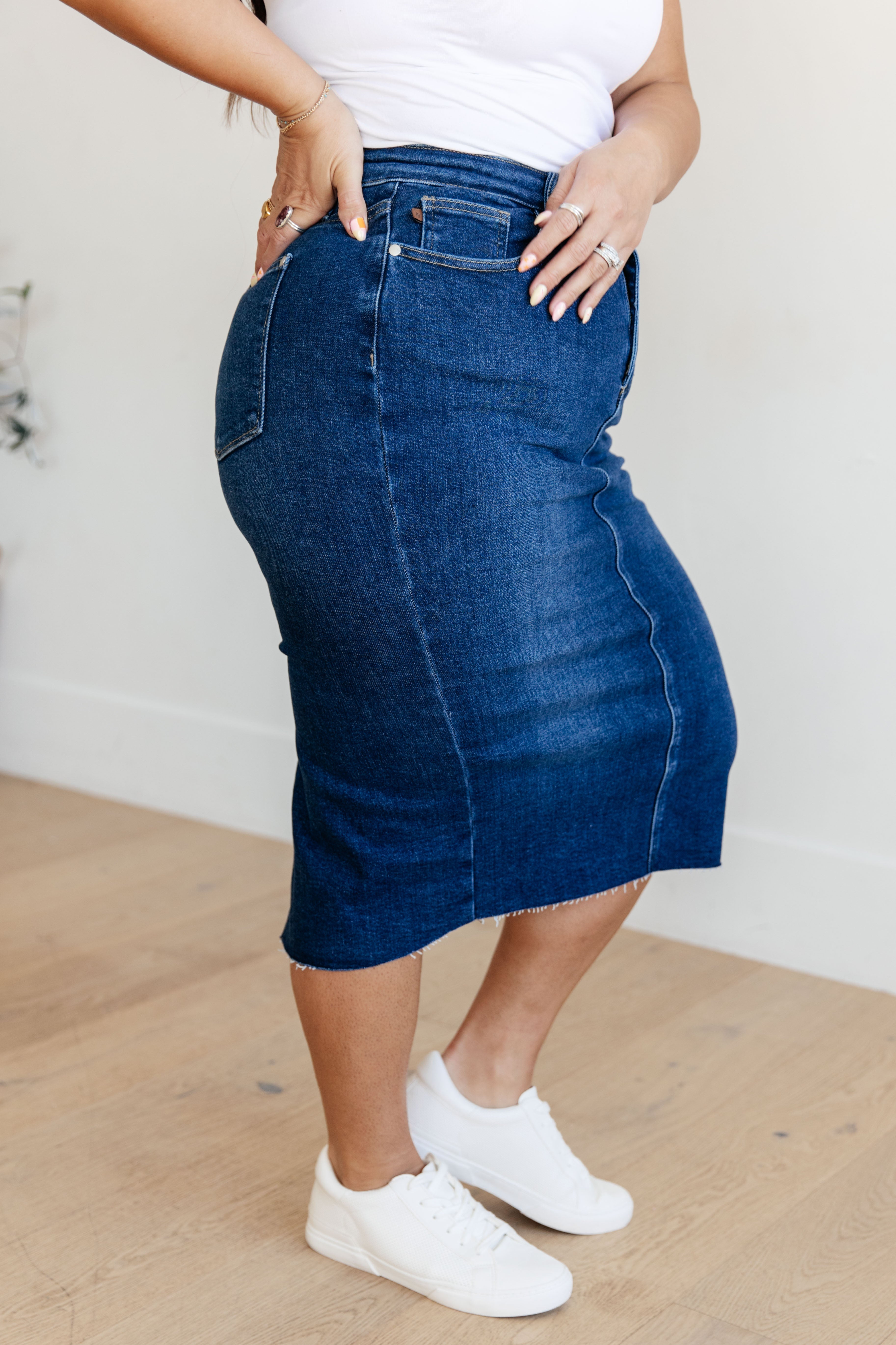 Marcy High Rise Denim Midi Skirt