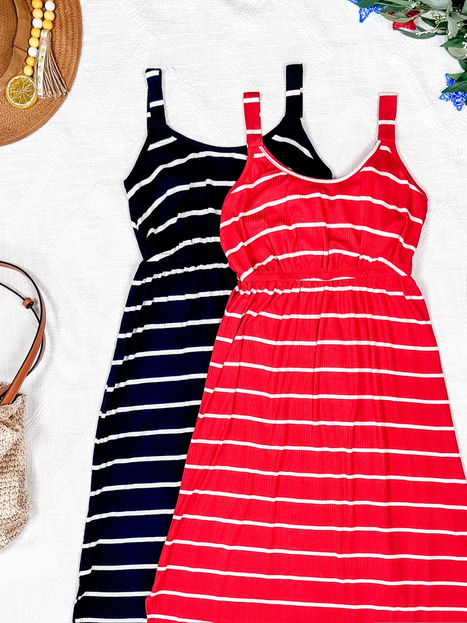 Reagan Ribbed Midi Dress - Midnight Navy Stripes