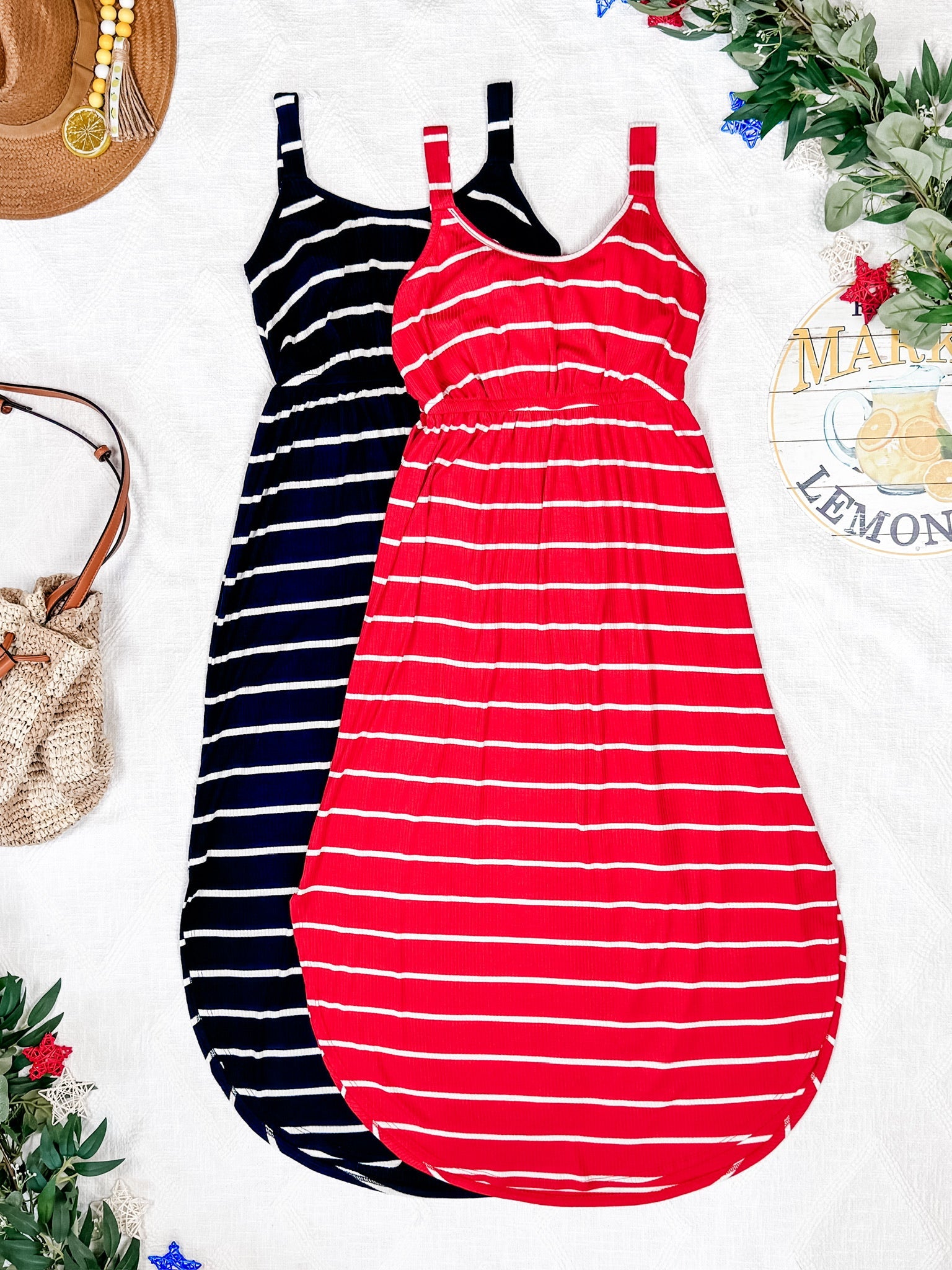 Reagan Ribbed Midi Dress - Midnight Navy Stripes