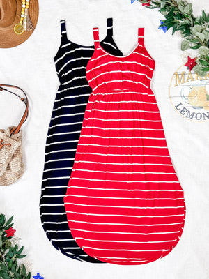 Reagan Ribbed Midi Dress - Midnight Navy Stripes