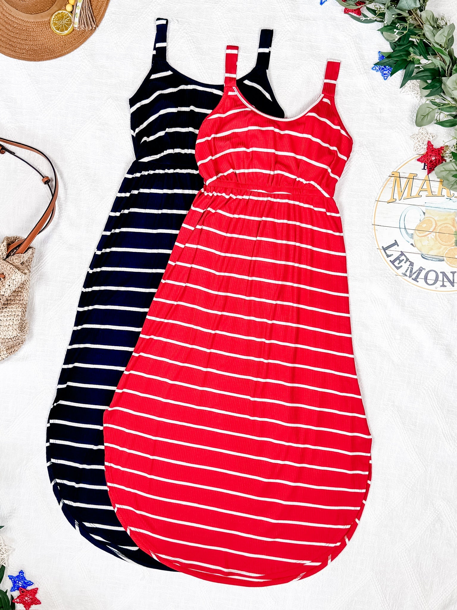 Reagan Ribbed Midi Dress - Midnight Navy Stripes